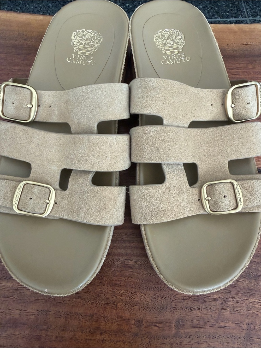Vince Camuto Beige Suede Double-Strap Buckle Slides